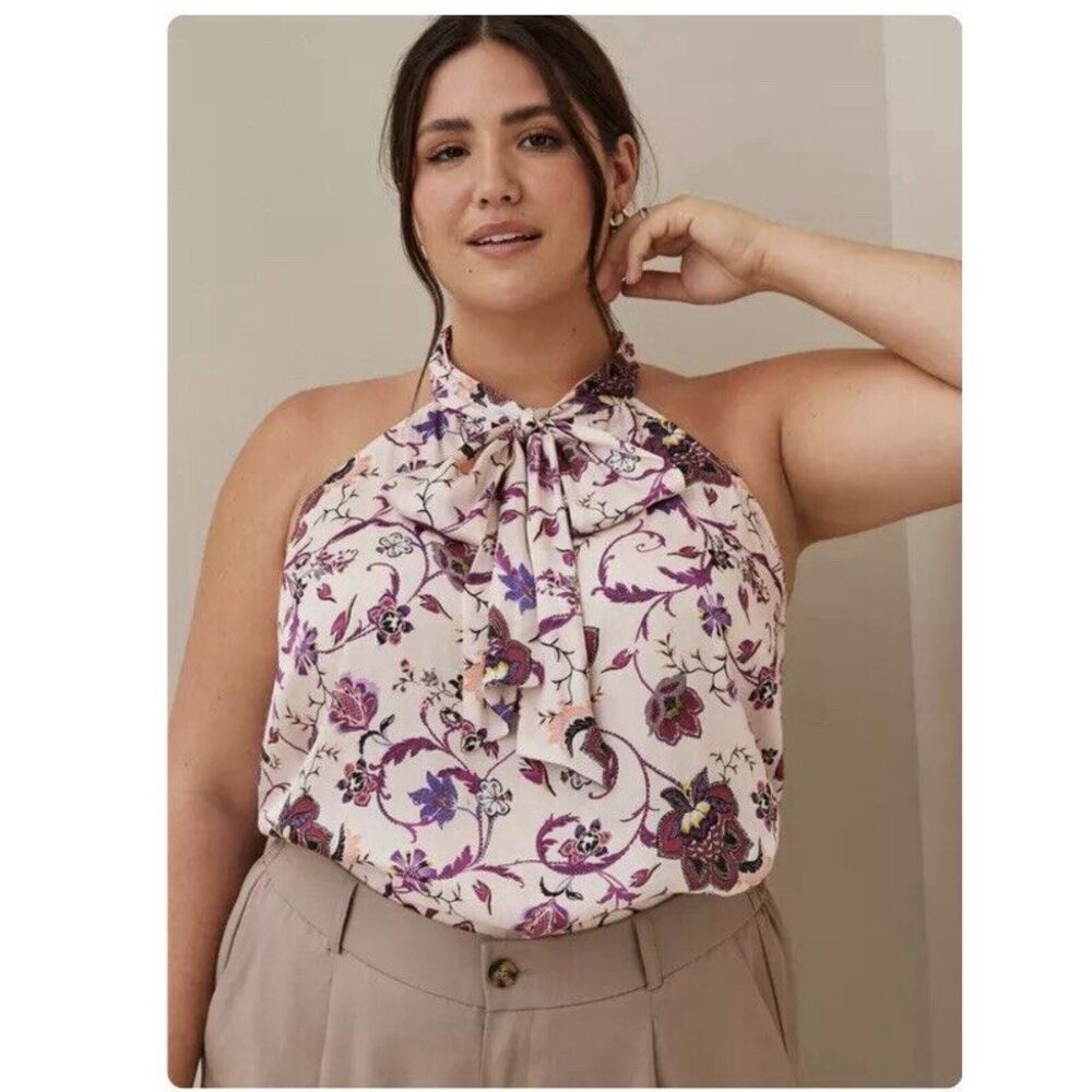 Torrid Pink Purple Floral Satin Bow Tie-Front Sleeveless Halter Top Size 4X‎